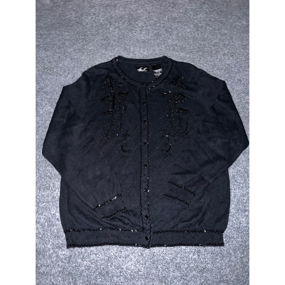 Kathie Lee Collection Black Beaded Floral Cardigan Sweater XL Cotton Ramie